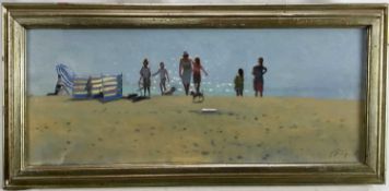 Phillips Oil on canvas, A beach scene with a family and their dogs, enjoying a sunny day, signe