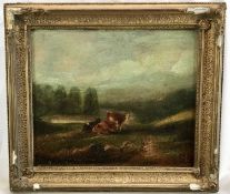 English Naive School, 19th century, oil on board - cattle grazing, 30cm x 35cm, in gilt frame