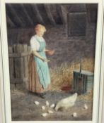 Victorian English School watercolour - Feeding The Chickens, indistinctly signed, in glazed gilt fra