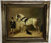 Victorian-style oil on canvas, horse and groom in stable, 50cm x 61cm, in gilt frame