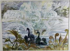 English School, contemporary, watercolour - view of Kew Gardens with swans, monogrammed, 48cm x 64cm