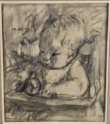 Charcoal sketch of a baby indistinctly signed, 19cm x 22cm in glazed frame