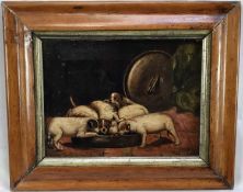 19th century oil on canvas - dogs feeding, in maple frame