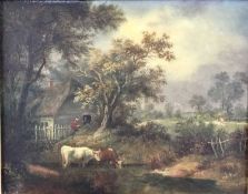 English School, 19th century, oil on panel - cattle watering beside a cottage, indistinctly inscribe