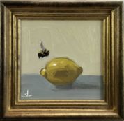 Vivek Mandalia A bumble bee and a lemon, oil on artist board, signed, in gilt frame. 19 x 19cm.
