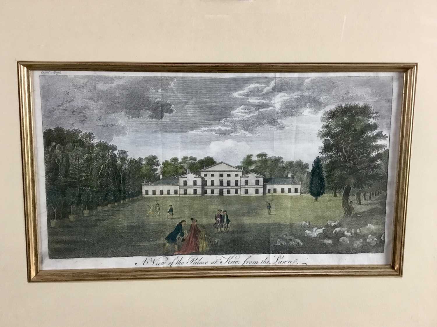Georgian hand colored engraving, "A view of the Palace at Kew", 17cm x 29cm, in glazed gilt frame