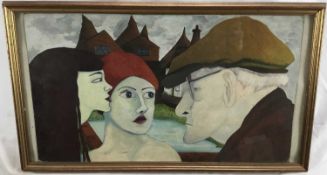 20th century, oil on board - three figures, apparently unsigned, 30cm x 51cm, framed and glazed