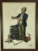 Neil McLeod. A tramp and his dog at a bin, oil on board, signed and dated '84, in wooden frame. 68 x