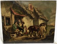 After George Morland, oil on panel figures beside a tavern