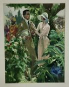 Francis Marshall (1901-1980) gouache illustration - a couple in a garden, signed, possible a design