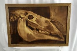 Modern British mixed media - horse skull, 70cm x 48cm, framed