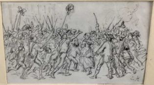 Louis Hague (1806-1885) pencil drawing - crowd scene, signed with monogram
