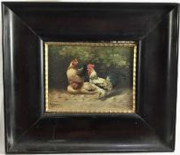 German School, early 20th century, oil on board - Chickens, indistinctly signed, inscribed Munich, i