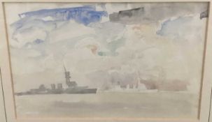 Philip Connard (1875-1958) watercolour sketch - naval vessels, 27cm x 18cm in glazed frame