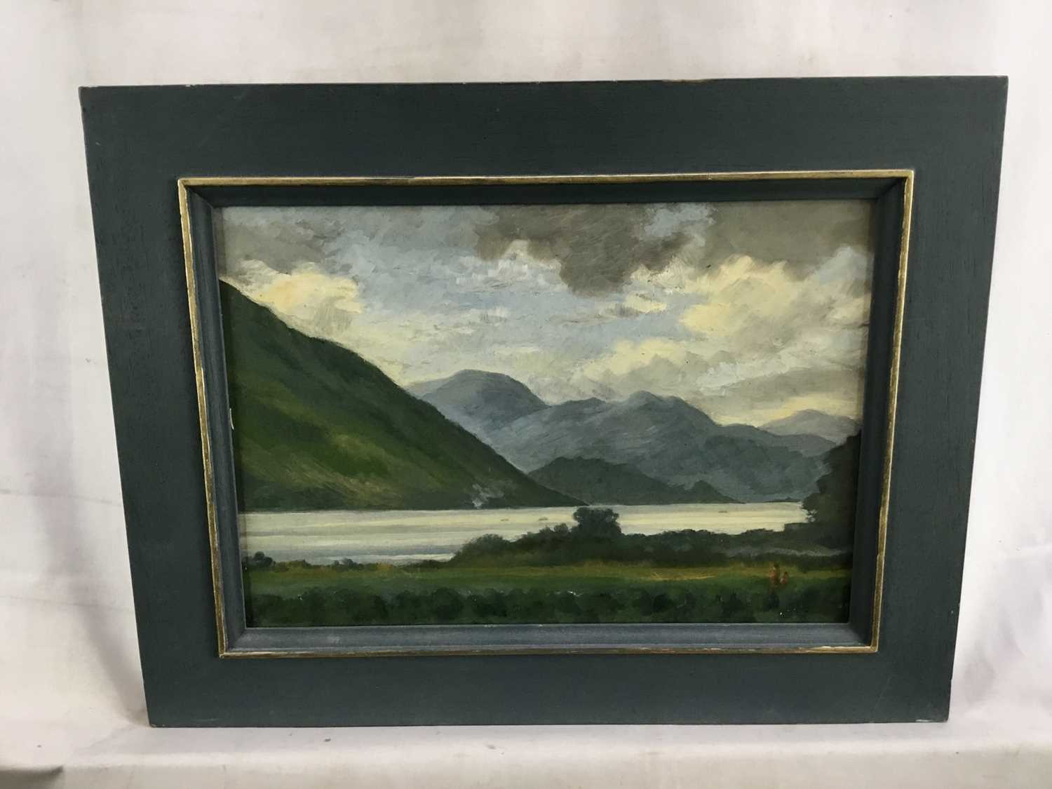 English School, 20th century, oil on board - lake and mountain landscape, 20cm x 29cm, in painted fr - Image 2 of 3