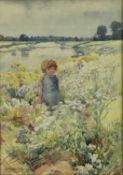 A M Walters (early 20th century) watercolour - girl beside a river, 24cm x 35cm in glazed frame