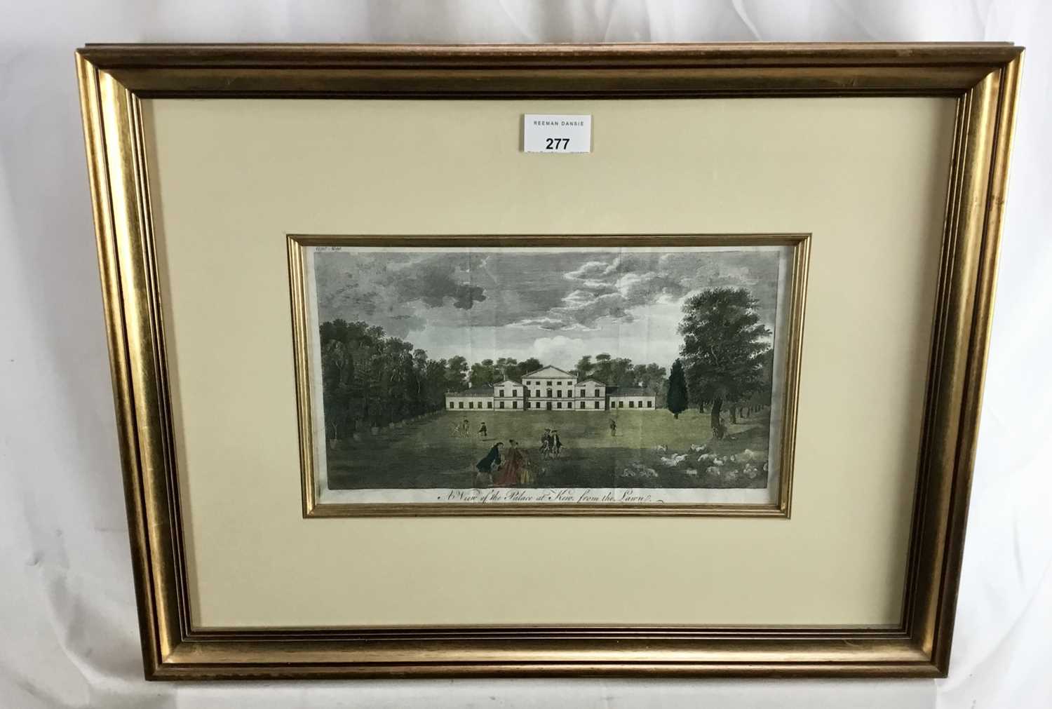 Georgian hand colored engraving, "A view of the Palace at Kew", 17cm x 29cm, in glazed gilt frame - Image 2 of 3