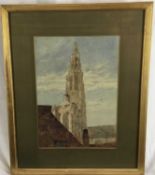 19th century watercolour - Continental cathedral spire, 23cm x 32cm in glazed frame