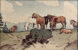 Allen William Seaby (1867-1953) colour woodcut, Dartmoor ponies, 22 x 31cm, glazed frame