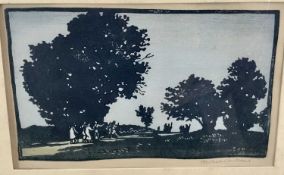 Hesketh Hubbard (1892-1957) woodcut print, Ramblers, signed, image 14 x 23cm, glazed frame