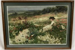 Edwardian English School watercolour - a lady seated in poppy field, 17cm x 24cm, in glazed frame