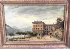 19th century oil on canvas - Continental Harbour, monogrammed, 25cm x 40cm, in gilt frame