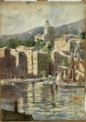 Manner of Frank Brangwyn watercolour - Continental harbour, signed with initials, inscription to rev