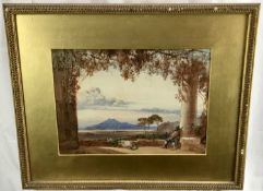 English School, 19th century, watercolour - figure in classical landscape, indistinctly signed, in g