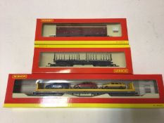 Hornby OO gauge rolling stock including BR Carflat Car Transporter (x5), R6143, EWS closed van (x3),