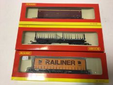 Hornby OO gauge rolling stock including Railiner curtain sided wagon (x5), R6187, EWS closed van (x2