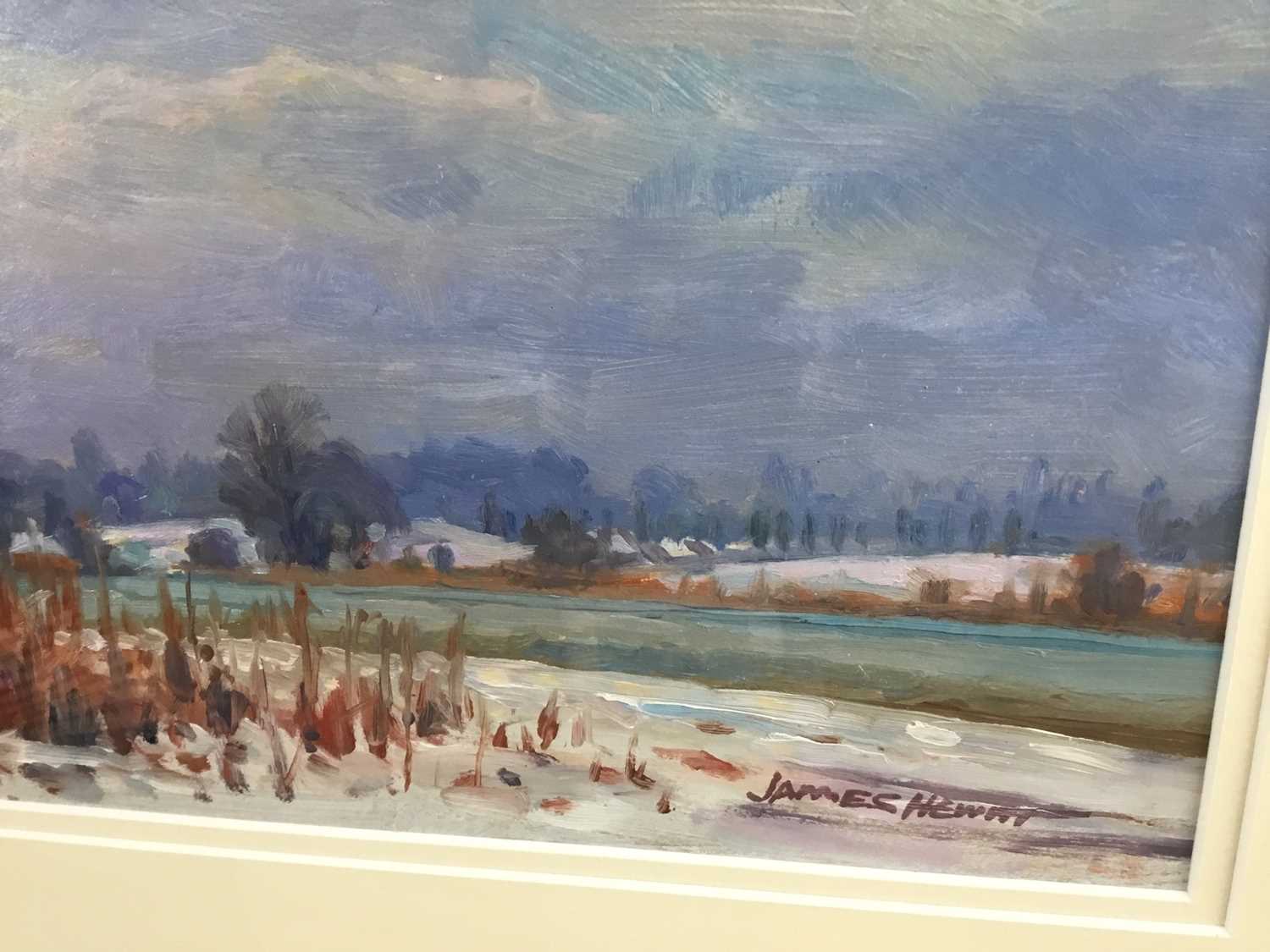 James Hewitt (b. 1934) - ‘Light snow at Great Totham’, signed and titled verso, 33cm x 23cm, in doub - Image 2 of 4