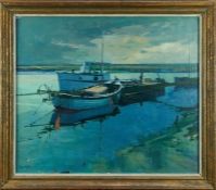 *Peter Kelly (1931-2019) oil on board - Moored Boats, Walberswick, signed, 67cm x 78.5cm, in glazed