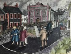 *Dione Page (1936-2021) gouache and pastel on paper laid on card - ‘Penmachno’ street scene, signed