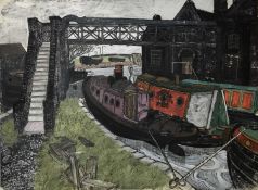 *Dione Page (1936-2021) gouache and pastel on paper - canal boats, signed and titled indistinctly, p
