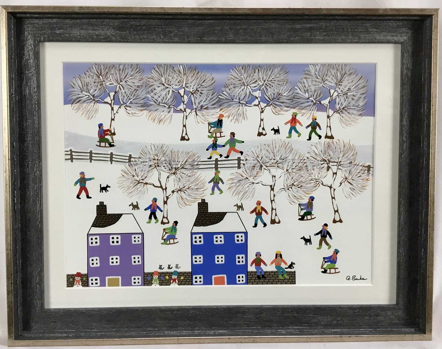 Gordon Barker (b.1960) acrylic on paper - A Snow Day, signed, 25cm x 34.5cm, in glazed frame