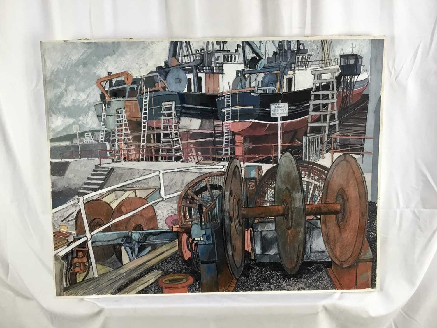 *Dione Page (1936-2021) two works, gouache and pastel on paper laid on card -‘The Shipyard’, and Ini - Image 2 of 4