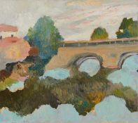 *John Hanbury Pawle (1915-2010) oil on board- Viaduct river scene, 52cm x 58.5cm, unframed