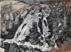 *Dione Page (1936-2021) gouache and pastel on paper laid on card - ‘Afon Lliw falls’, signed and tit