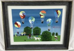Gordon Barker (b.1960) acrylic on paper - The Balloon Race, signed, 25cm x 34.5cm, in glazed frame