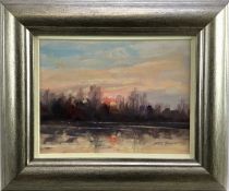James Hewitt (b. 1934) two works, oil on board - ‘Winter Sunset, Little Braxted’, signed, 20.5cm x 1