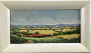 David Slater (b.1943) oil on board - ‘Cornfields, Wiltshire’, 24cm x 11.5cm, monogrammed, framed