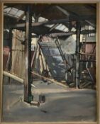 Douglas Pittuck (1911-1993), oil on board, Workshop interior, signed, 62 x 50cm, framed