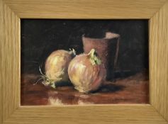 James Hewitt (b. 1934) oil on board - study of onions, signed, 22.5cm x 15cm, framed