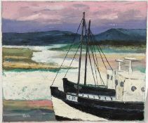 *John Hanbury-Pawle (1915-2010) oil on canvas - moored vessels with hills beyond, signed, 61cm x 51c