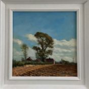 James Hewitt (b. 1934) oil on canvas - ‘The Elm at Little Braxted’, signed, 29cm x 29cm, framed