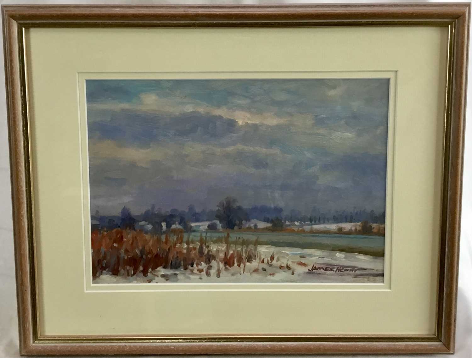 James Hewitt (b. 1934) - ‘Light snow at Great Totham’, signed and titled verso, 33cm x 23cm, in doub