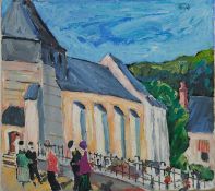 *John Hanbury Pawle (1915-2010) oil on canvas - ‘Sunday Mass’ France, signed, titled verso, 50.5cm x