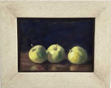 James Hewitt (b. 1934) oil on board - ‘Three Small Apples’, signed, 19cm x 13.5cm, framed