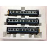 Hornby OO gauge BR grey / blue 3 car DMU, R403 together with BR lined green 3 car diesel multiple un