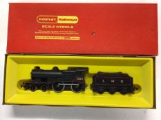Triang Hornby OO gauge LMS black 4-4-0 Class 2P Fowler locomotive with tender 690, R450, SR 4-4-0 L.